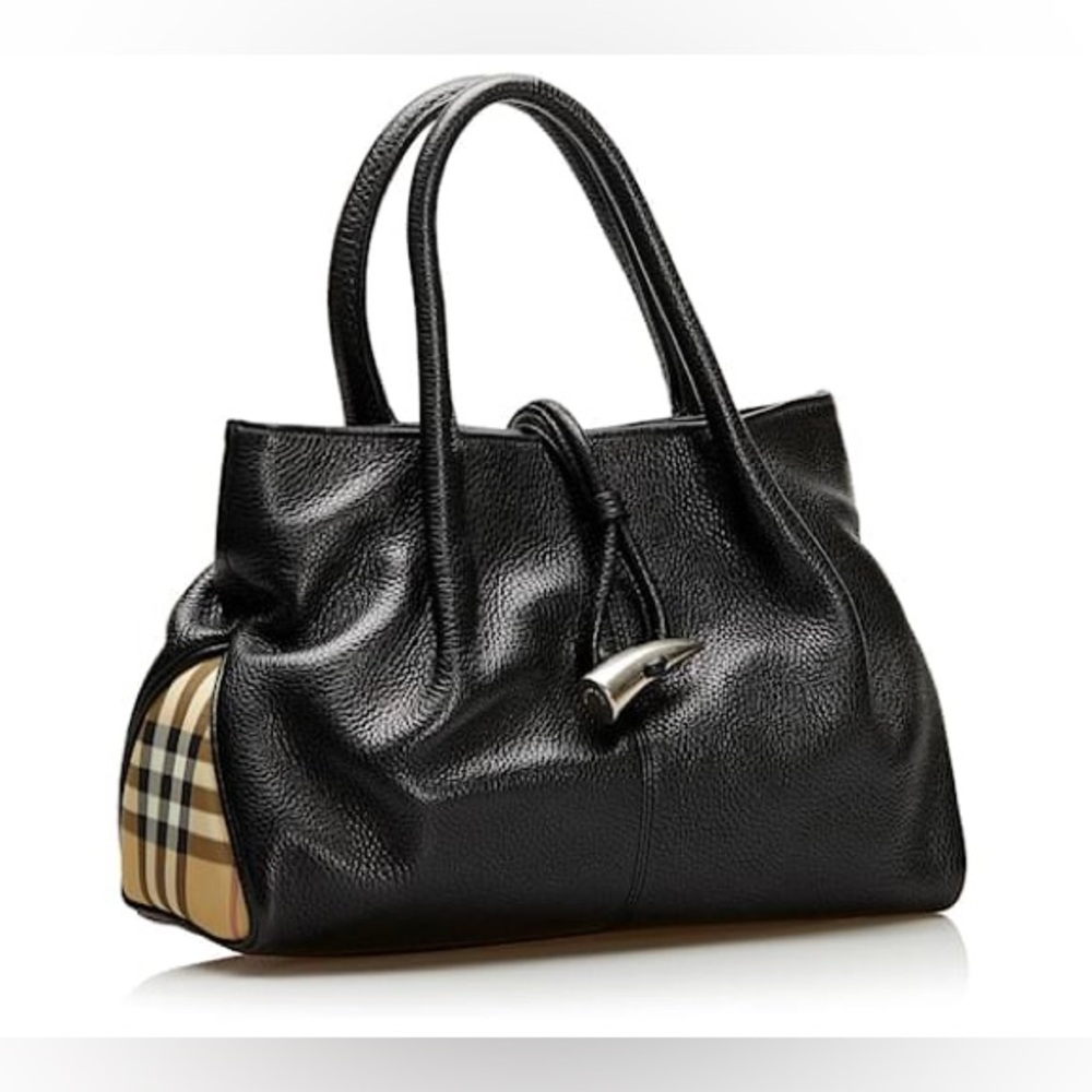 Burberry Black Leather Shoulder Bag with Vintage Check Sides